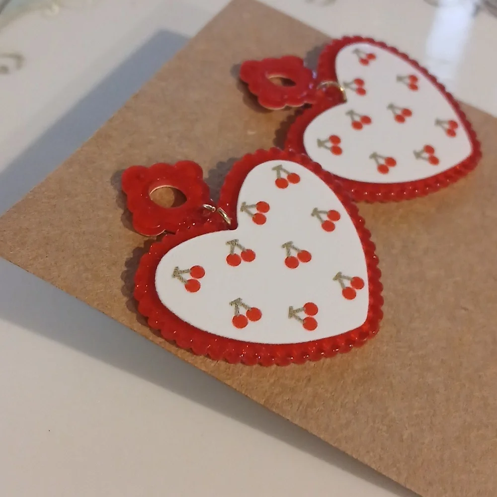 109- Laser Cut Acrylic Dangle Earrings- Red And White Cherry Hearts - Picture 3 of 5